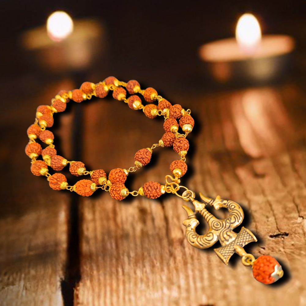 Gold Plated Rudraksha Trishool Necklace